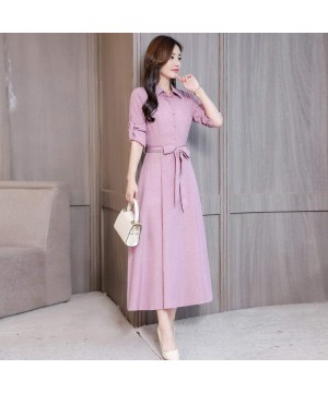 Nightgowns & Sleepshirts Elegant Dresses for Women Pure Long Sleeve Belt High-Waist Long Boho Dress Button Dress - Pink - C91...