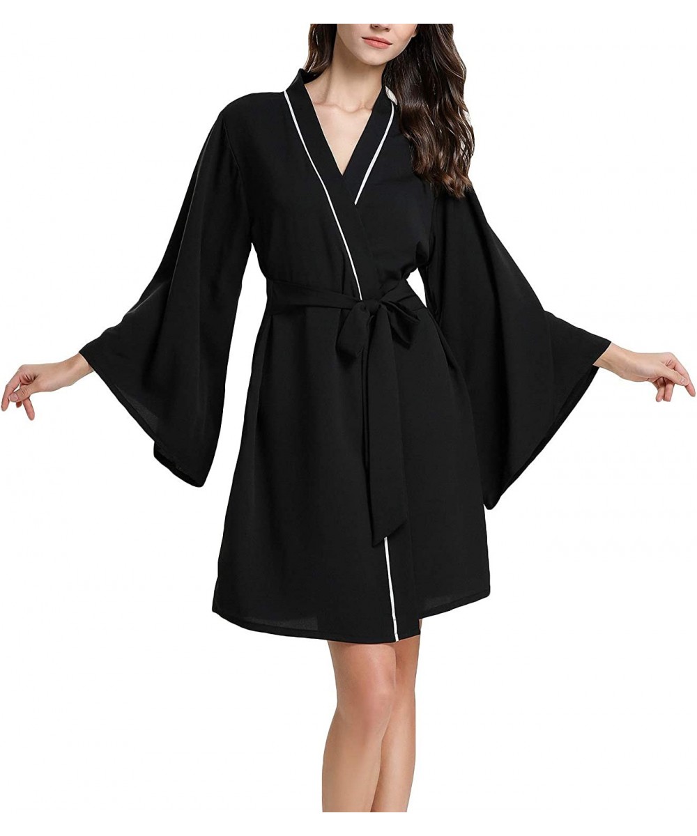 Robes Women's Luxury Kimono Robe Thin Soft Solid Loungewear Long Batwing Sleeve Nightwear - Black - CN18U55ZCUI