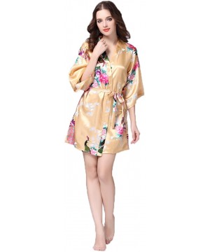 Robes Women's Printing Peacock Floral Kimono Short Robe Half Sleeve Imitated Silk Bridal Robe - Champagne - CW18EOO6O6N