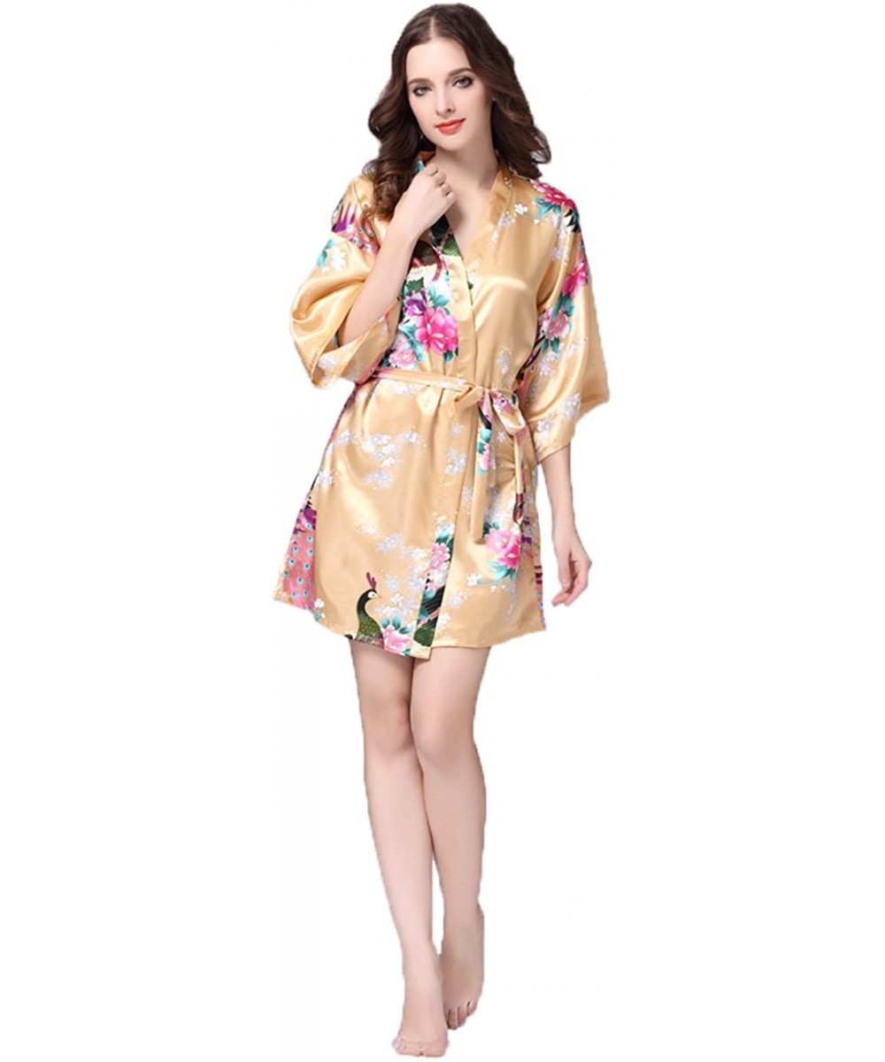 Robes Women's Printing Peacock Floral Kimono Short Robe Half Sleeve Imitated Silk Bridal Robe - Champagne - CW18EOO6O6N