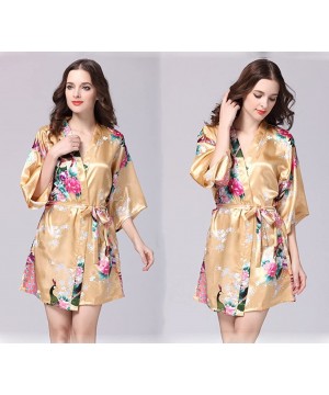 Robes Women's Printing Peacock Floral Kimono Short Robe Half Sleeve Imitated Silk Bridal Robe - Champagne - CW18EOO6O6N