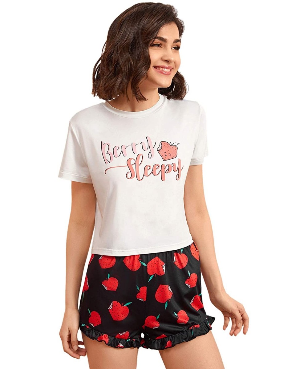 Sets Women's Sleepwear Face Print Top and Red Lip Shorts Pajama Set - Strawberry - CP19CAE2W4G