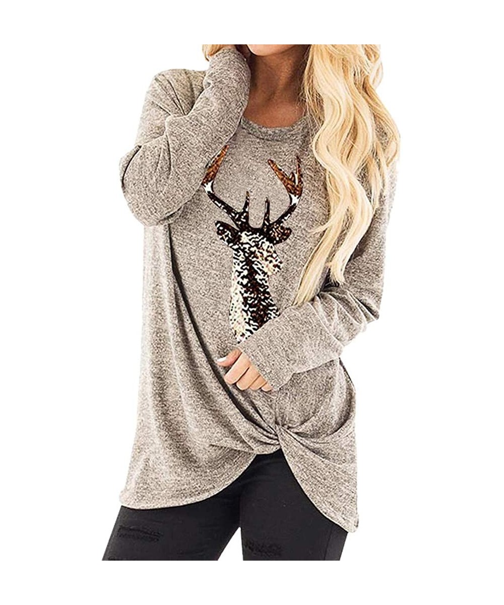 Thermal Underwear Women Christmas Tops Elk Print Twist Knot T-Shirt Long Sleeve O-Neck Blouse - A-khaki - CH192E4GR4C