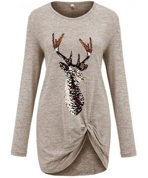 Thermal Underwear Women Christmas Tops Elk Print Twist Knot T-Shirt Long Sleeve O-Neck Blouse - A-khaki - CH192E4GR4C