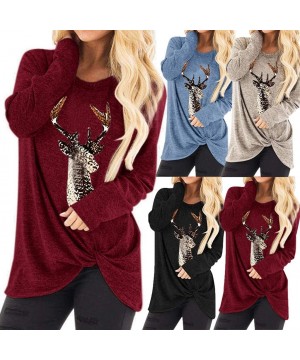 Thermal Underwear Women Christmas Tops Elk Print Twist Knot T-Shirt Long Sleeve O-Neck Blouse - A-khaki - CH192E4GR4C