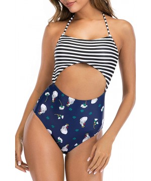 Panties Women's High Waist Halter Cutout One Piece Swimsuit - Blue - CE1943W7E4X