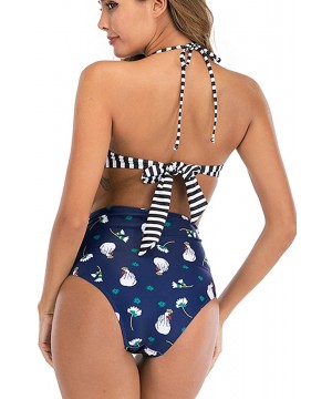 Panties Women's High Waist Halter Cutout One Piece Swimsuit - Blue - CE1943W7E4X