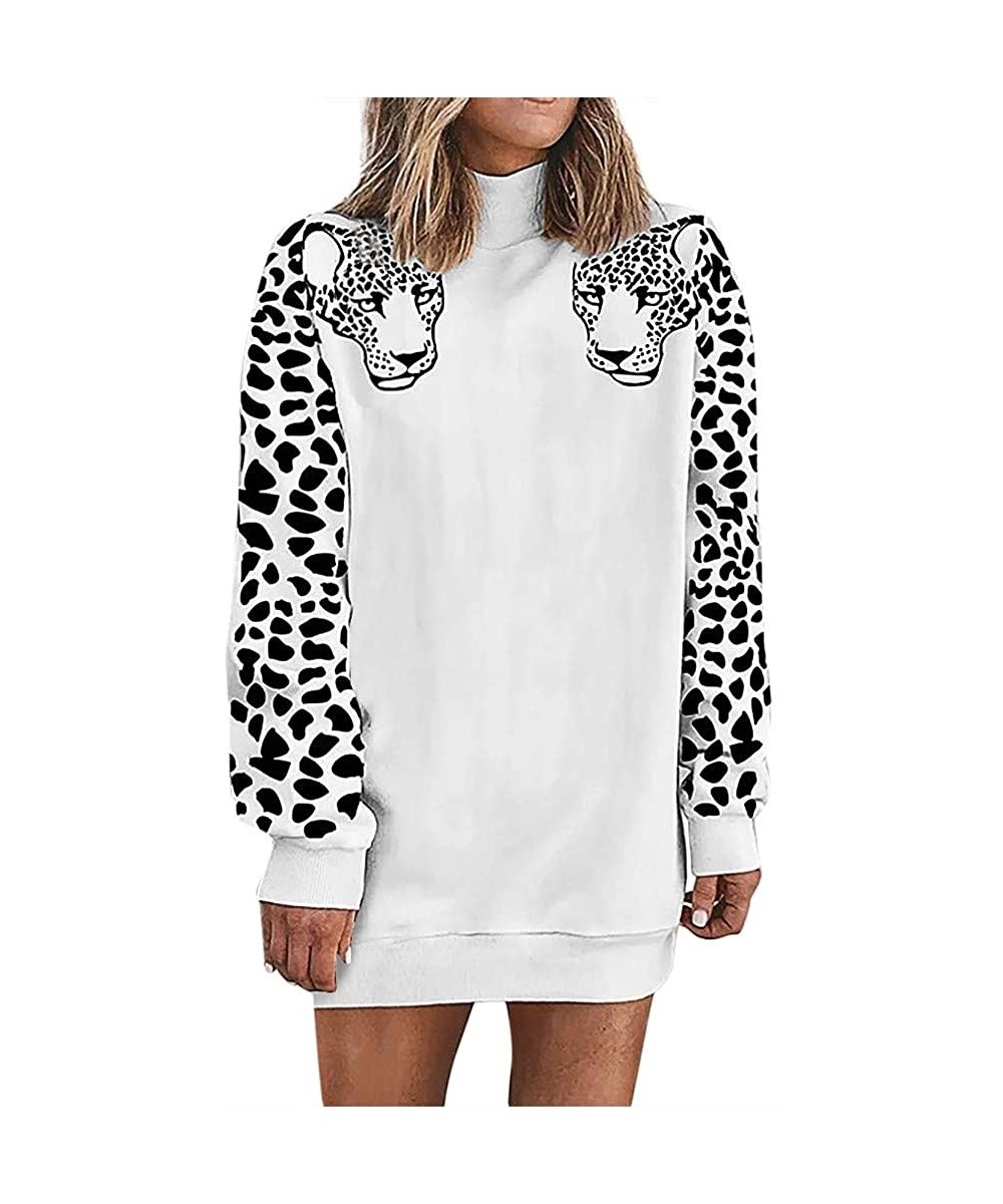 Thermal Underwear Fashion Tops Women's Leopard Print Sweatshirt High Collar Long Sleeves T-Shirt - White - CU192ZMXTQW