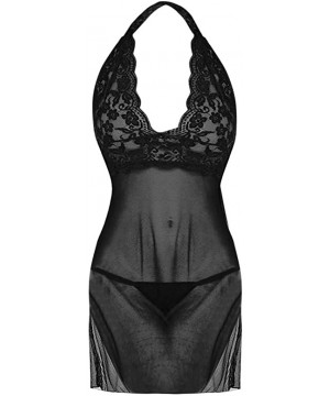 Tops Women Sexy Lingerie Sling Lace Pajamas Babydoll Lace Nightgown Mesh Chemise Nighty - Black - CP197QLQTYH