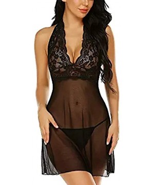 Tops Women Sexy Lingerie Sling Lace Pajamas Babydoll Lace Nightgown Mesh Chemise Nighty - Black - CP197QLQTYH