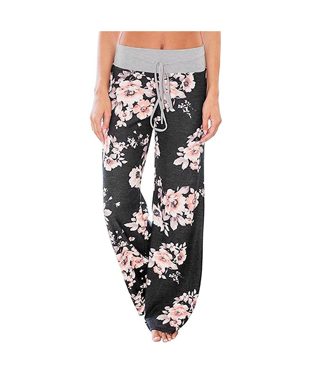 Bottoms Womens Pajama Lounge Pants Floral Print Comfy Casual Stretch Palazzo Drawstring Pj Bottoms Pants Wide Leg - C black -...