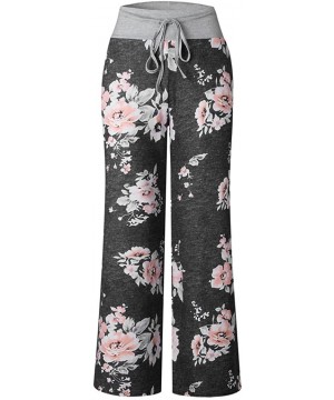 Bottoms Womens Pajama Lounge Pants Floral Print Comfy Casual Stretch Palazzo Drawstring Pj Bottoms Pants Wide Leg - C black -...