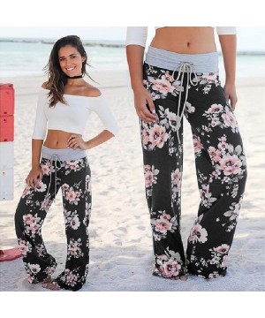 Bottoms Womens Pajama Lounge Pants Floral Print Comfy Casual Stretch Palazzo Drawstring Pj Bottoms Pants Wide Leg - C black -...