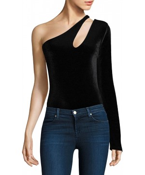 Shapewear Women's Velvet Cutout Detail One-Shoulder Neckline Bodysuit Bodice Tops Blouse Tee - Black - C818D9E230U