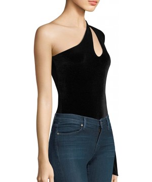 Shapewear Women's Velvet Cutout Detail One-Shoulder Neckline Bodysuit Bodice Tops Blouse Tee - Black - C818D9E230U