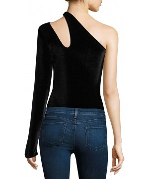 Shapewear Women's Velvet Cutout Detail One-Shoulder Neckline Bodysuit Bodice Tops Blouse Tee - Black - C818D9E230U