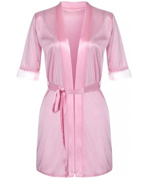 Robes Lace Half Sleeve Robe Deep V Neck Babydoll Lingerie Silk Satin Nightgown Sexy - Pink - CK18ZCA4YSG