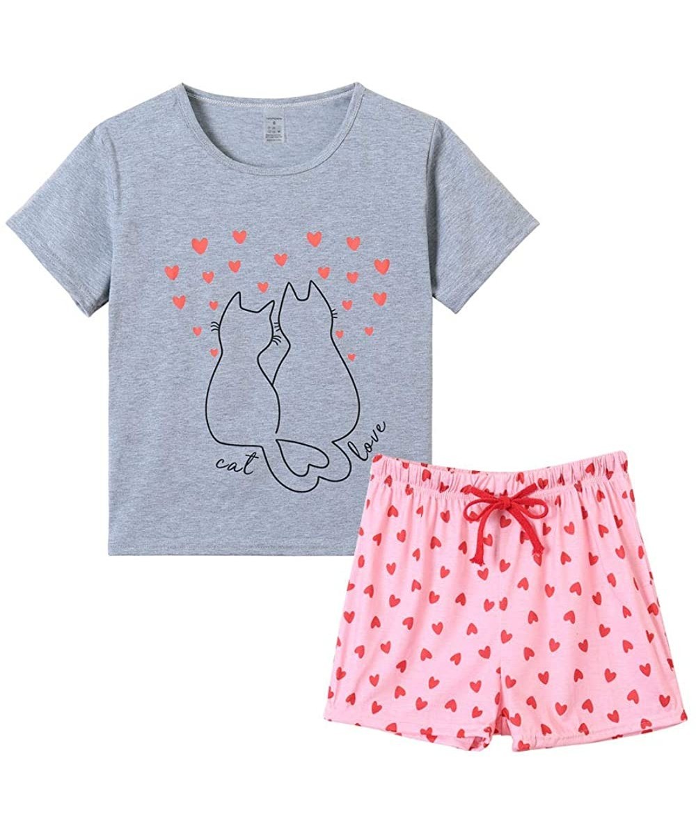 Sets Pajama Set for Women Cute PJS Summer Short Sleeve Shorts Sleepwear - Grey Cat - CW19CSKRM8U