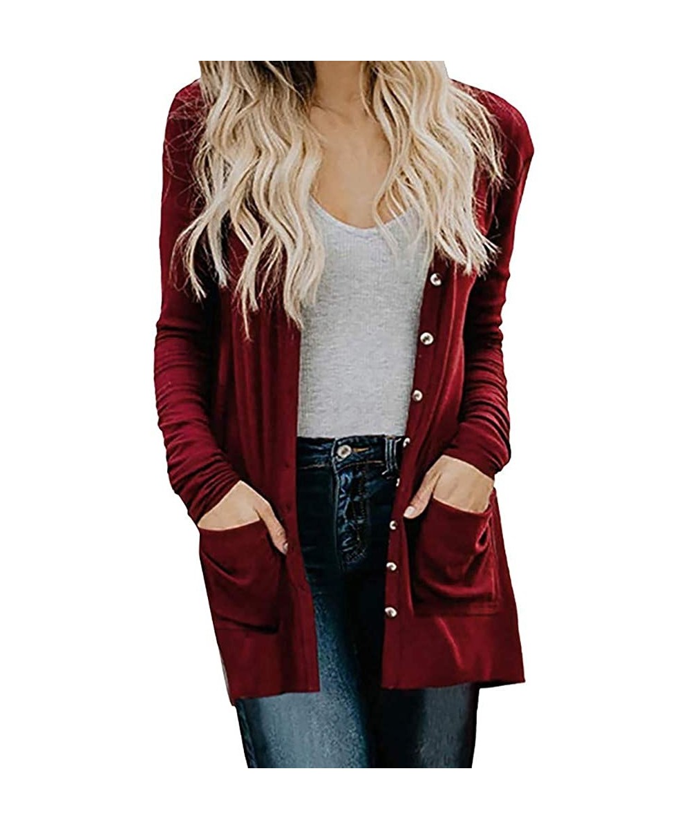 Baby Dolls & Chemises Cardigan for Women Outerwear Solid Long Sleeve Pockets Splice Cardigan Coat Jackets Blouse - Wine - C61...