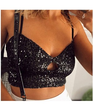 Camisoles & Tanks Women Sexy Sequins Tank Top Spaghetti Strap Crop Top Tight Sleeveless Tube Top for Rave Clubwear - Black - ...