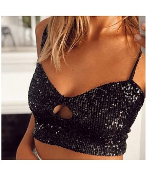 Camisoles & Tanks Women Sexy Sequins Tank Top Spaghetti Strap Crop Top Tight Sleeveless Tube Top for Rave Clubwear - Black - ...