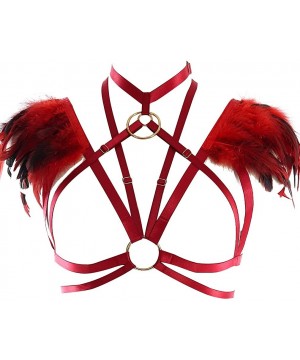 Bras Feather Epaulets Tops Wings Body Harness Gothic Lingerie Strap Bralette Burning Man Art Festival Clothing - Wine Red - C...