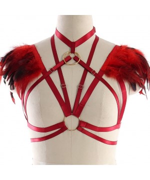 Bras Feather Epaulets Tops Wings Body Harness Gothic Lingerie Strap Bralette Burning Man Art Festival Clothing - Wine Red - C...