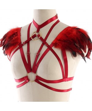 Bras Feather Epaulets Tops Wings Body Harness Gothic Lingerie Strap Bralette Burning Man Art Festival Clothing - Wine Red - C...