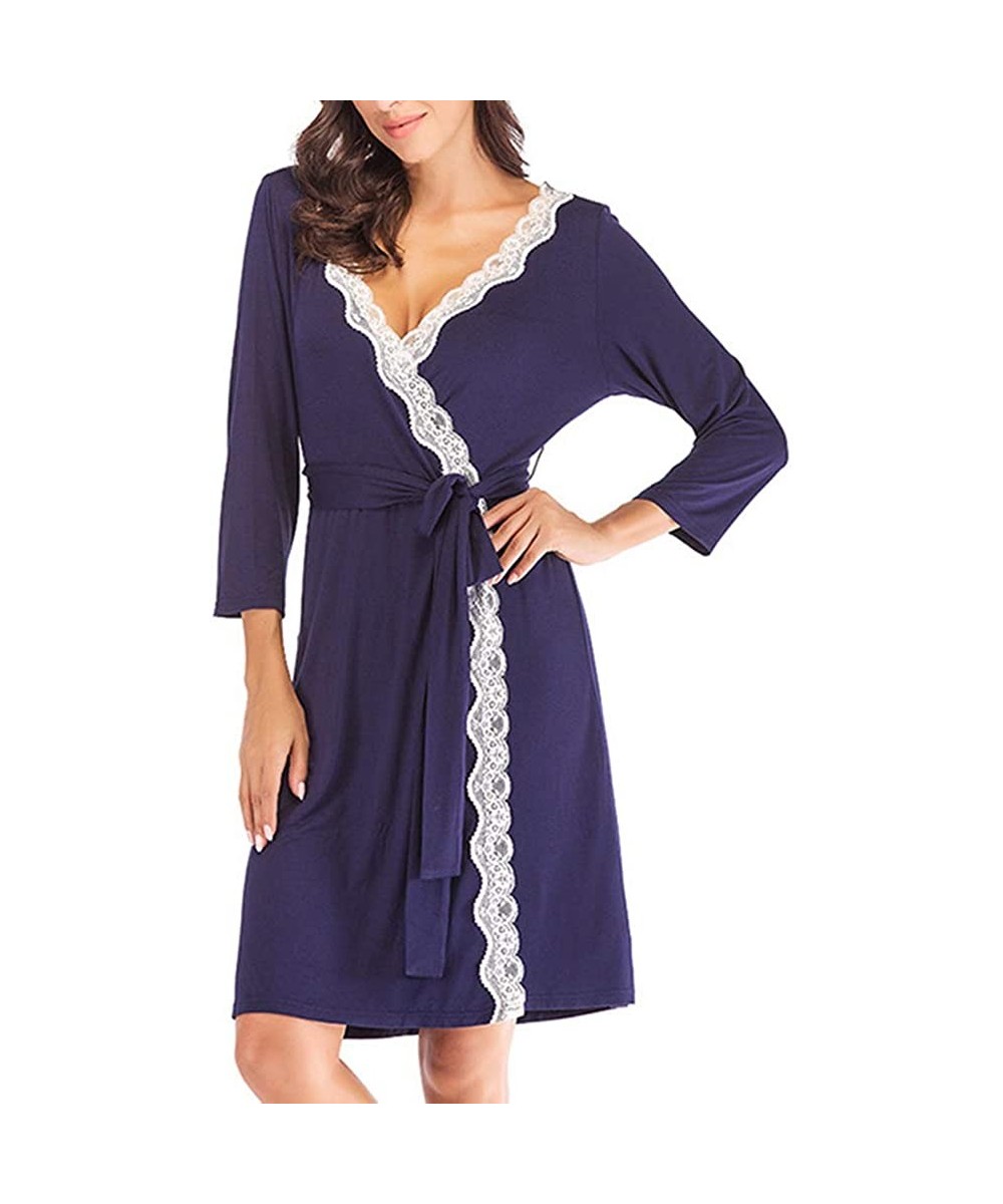 Nightgowns & Sleepshirts Women Robe Soft Kimono Robes Cotton Bathrobe Sleepwear Loungewear Short - Navy Blue2 - C118UK2O88L