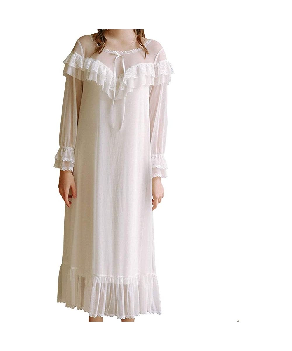 Nightgowns & Sleepshirts Women's Sexy Sheer Mesh Vintage Nightgown Victorian Modal Long Sleeve Sleepwear - White - CQ18OXH5TSC