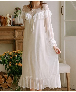 Nightgowns & Sleepshirts Women's Sexy Sheer Mesh Vintage Nightgown Victorian Modal Long Sleeve Sleepwear - White - CQ18OXH5TSC