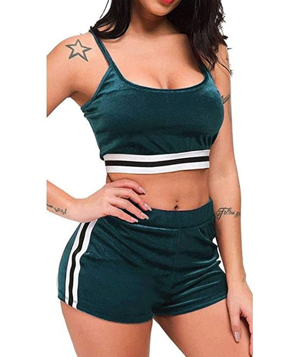 Sets Women Sexy Velvet 2 Pieces Romper Outfit- Spaghetti Strap Crop Top Camisole and Shorts Bottom Sleepwear Pajama Set - Gre...