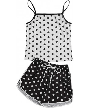 Sets Women's 2 Piece Polka Dot Lace Trim Spaghetti Strap Cami with Shorts Chiffon Pajama Set - Black and White-2 - CD19EOXDRYD