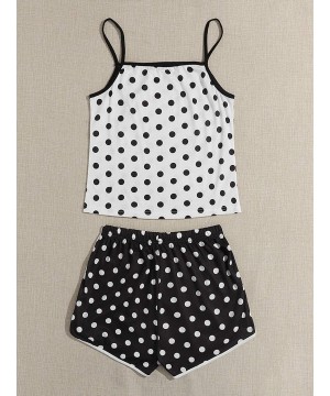 Sets Women's 2 Piece Polka Dot Lace Trim Spaghetti Strap Cami with Shorts Chiffon Pajama Set - Black and White-2 - CD19EOXDRYD