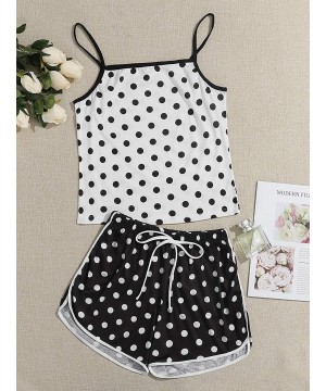 Sets Women's 2 Piece Polka Dot Lace Trim Spaghetti Strap Cami with Shorts Chiffon Pajama Set - Black and White-2 - CD19EOXDRYD