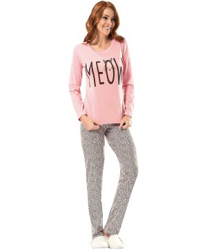 Sets Women's Sleepwear 100% Cotton Long Sleeves 2 Piece Pajama Set Loungewear - Pink & Brown Meow - C9187LEGY20