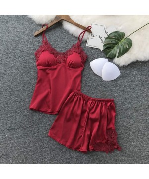 Sets 2Pcs Sexy Pajamas for Women Silky Sets Silk Satins Lace Sleepwear Black Strap Dress Shorts & Pants Home Wear Wine - CC18...