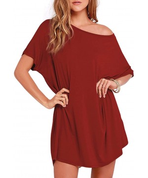 Tops Womens Casual Summer One Shoulder Pure Color Home T Shirt Dress Batwing Sleeve High Low Short Sexy Mini Dress Wine Red -...