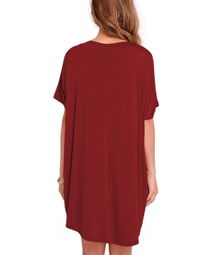 Tops Womens Casual Summer One Shoulder Pure Color Home T Shirt Dress Batwing Sleeve High Low Short Sexy Mini Dress Wine Red -...