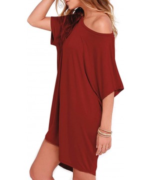 Tops Womens Casual Summer One Shoulder Pure Color Home T Shirt Dress Batwing Sleeve High Low Short Sexy Mini Dress Wine Red -...