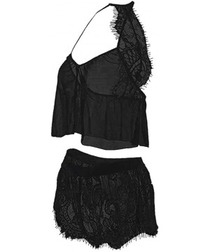 Sets Mini Babydoll Tank Tops for Women Pajama Cami Set Lace Nightwear Short Sleepwear 2 Piece Lingerie - Black - CJ18T74AZ78