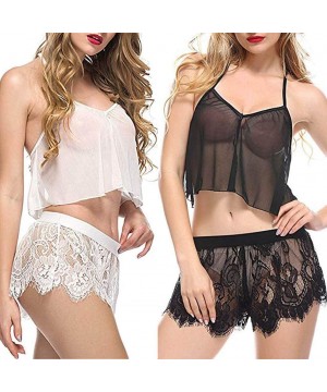 Sets Mini Babydoll Tank Tops for Women Pajama Cami Set Lace Nightwear Short Sleepwear 2 Piece Lingerie - Black - CJ18T74AZ78