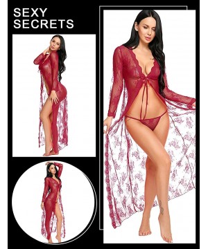 Baby Dolls & Chemises Lingerie for Women Sexy Long Lace Dress Sheer Gown See Through Kimono Robe - Dark Red - CQ18RAZKY3D