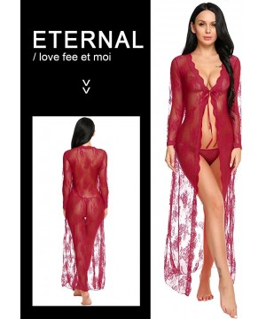 Baby Dolls & Chemises Lingerie for Women Sexy Long Lace Dress Sheer Gown See Through Kimono Robe - Dark Red - CQ18RAZKY3D