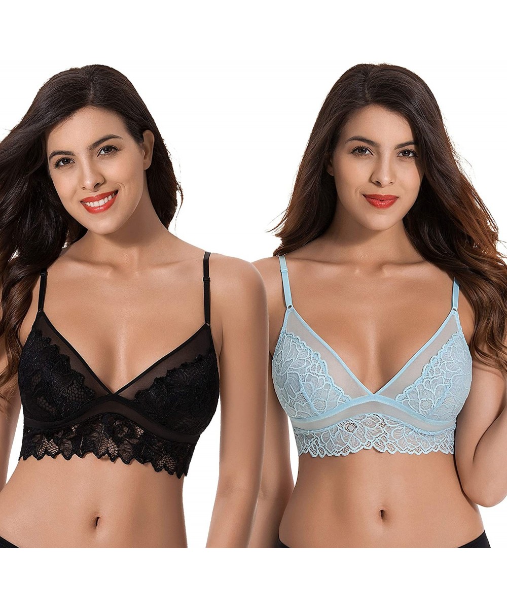 Bras Plus Size Plunge Unlined Bralette with Floral Lace-2 Pack - Blue-black(2 Pack) - C2193AM3SCI