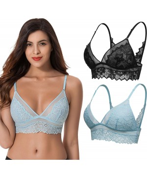 Bras Plus Size Plunge Unlined Bralette with Floral Lace-2 Pack - Blue-black(2 Pack) - C2193AM3SCI