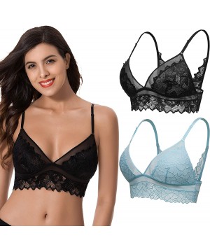 Bras Plus Size Plunge Unlined Bralette with Floral Lace-2 Pack - Blue-black(2 Pack) - C2193AM3SCI