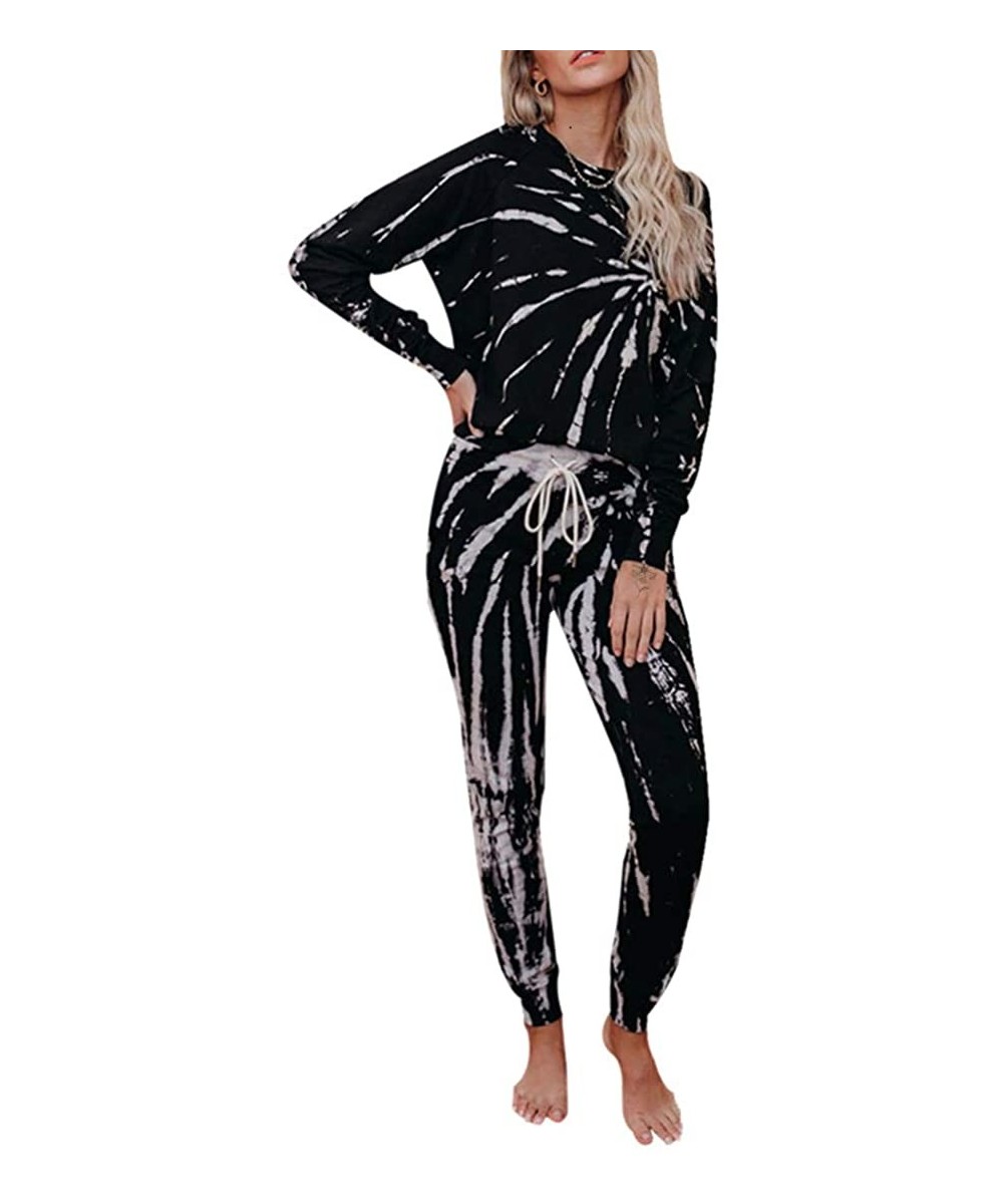 Sets Womens Tie Dye Printed Sleepwear and Long Pajama Pants Joggers PJ Sets Loungewear Nightwear Short Sleeve Black - CG199XL...