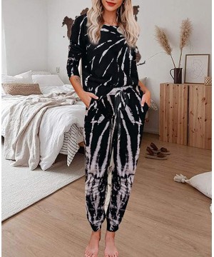 Sets Womens Tie Dye Printed Sleepwear and Long Pajama Pants Joggers PJ Sets Loungewear Nightwear Short Sleeve Black - CG199XL...