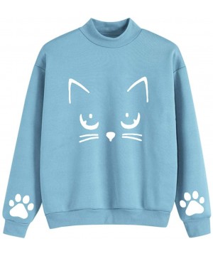 Thermal Underwear Women Casual Solid Cat Print Long Sleeve Hoodie Sweatshirt Hooded Pullover Tops Blouse - B-blue - CR193ZKKA2M